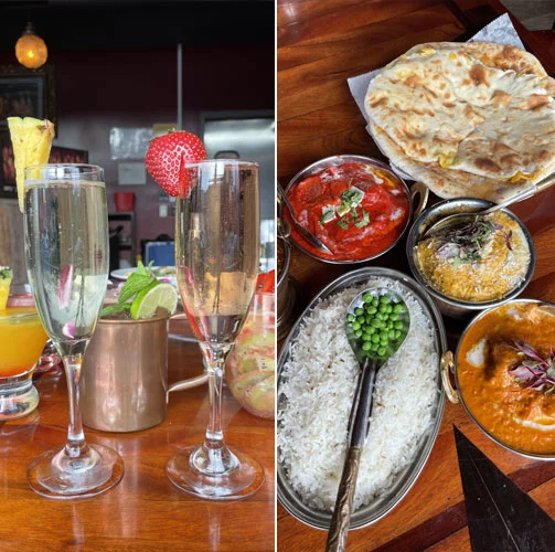 Colorful cocktails and Indian curry feast with naan and rice