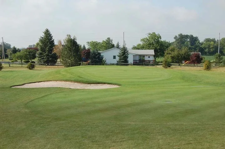 Lush green golf course with sand trap and trees in the background