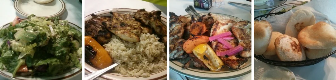 Mediterranean mixed grill platter with rice and fresh salad