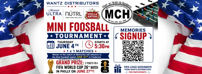 Mini foosball tournament promotional poster with event details