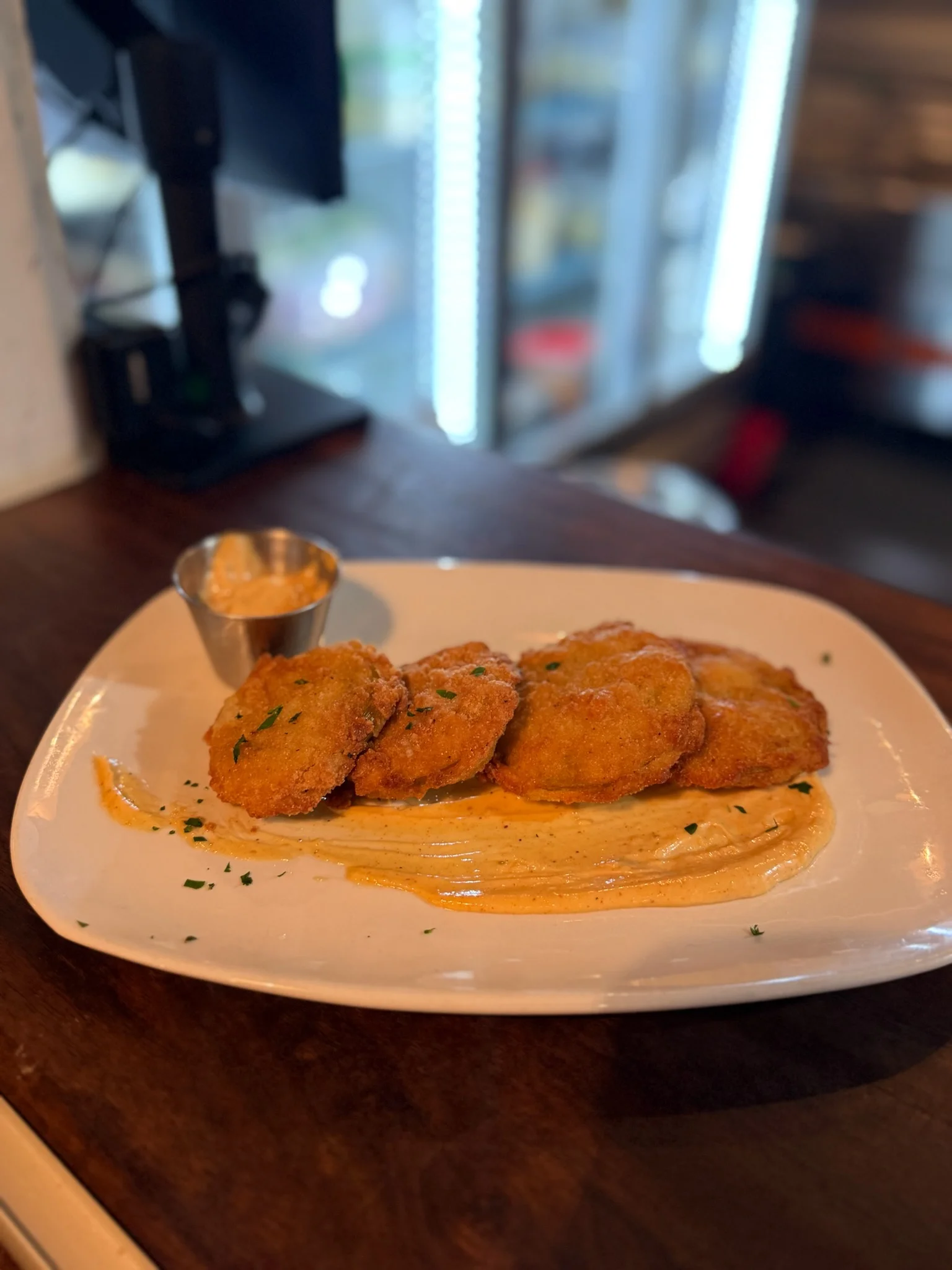 Southern fried green tomatoes with dipping sauce