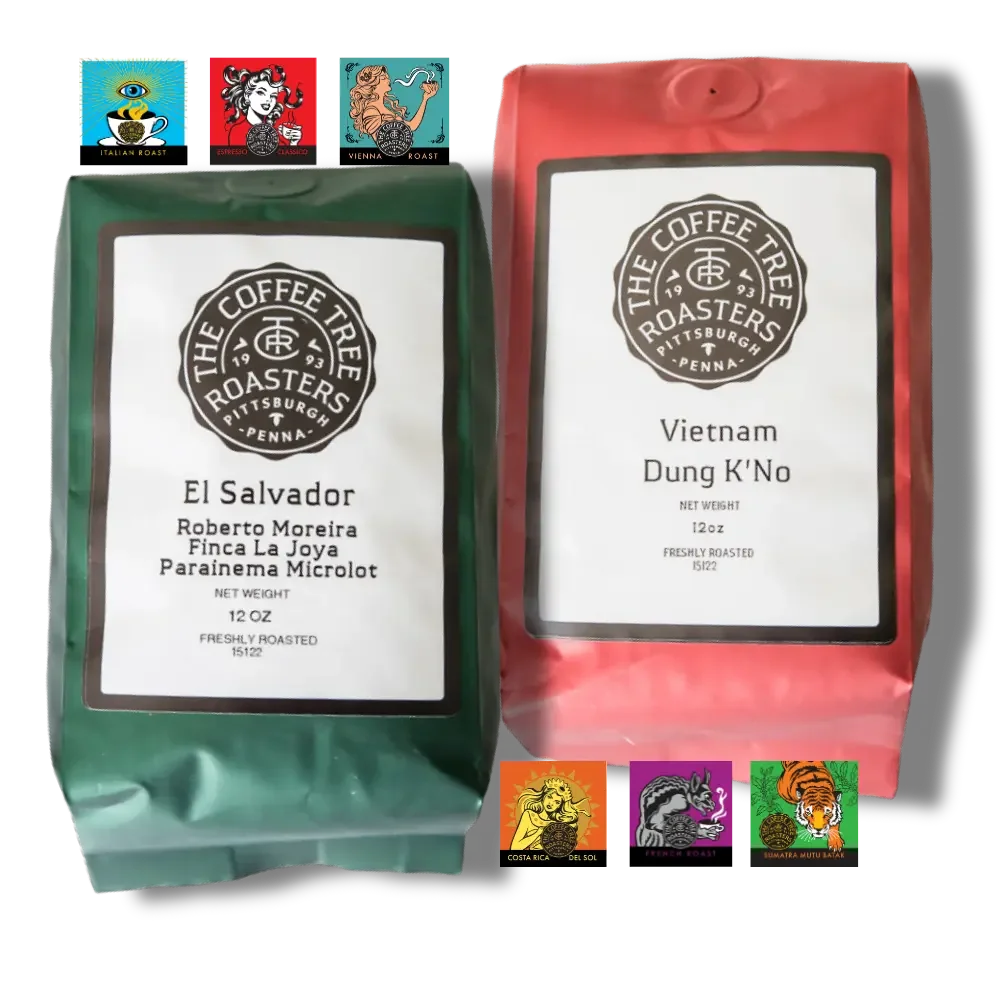 Two coffee bags from The Coffee Tree Roasters. The green bag is El Salvador, the red is Vietnam. Vibrant icons of various coffee roasts above and below.