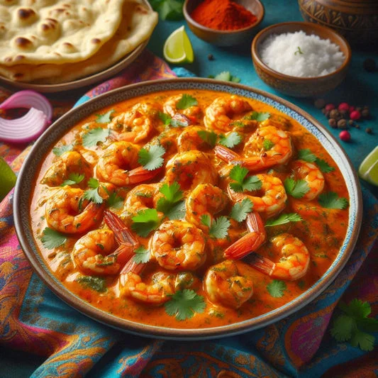 Shrimp curry with cilantro, served with naan and rice