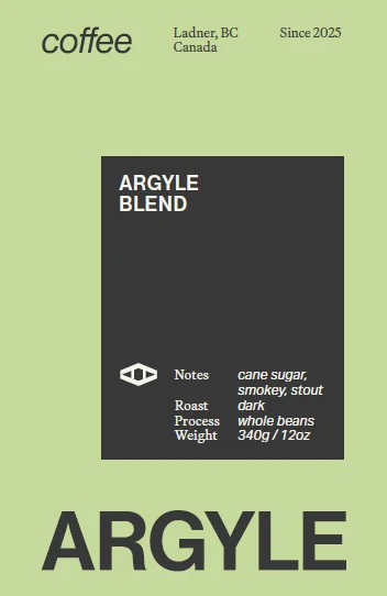 Argyle coffee blend label with Ladner, BC typography