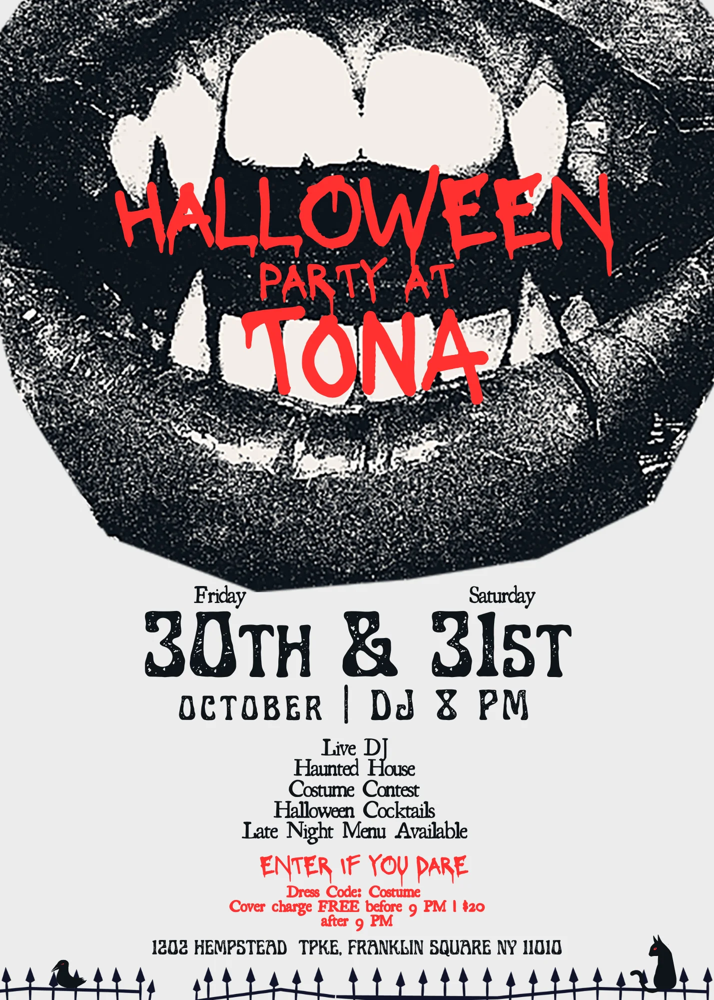 Halloween party event poster with vintage horror typography and haunted house illustration