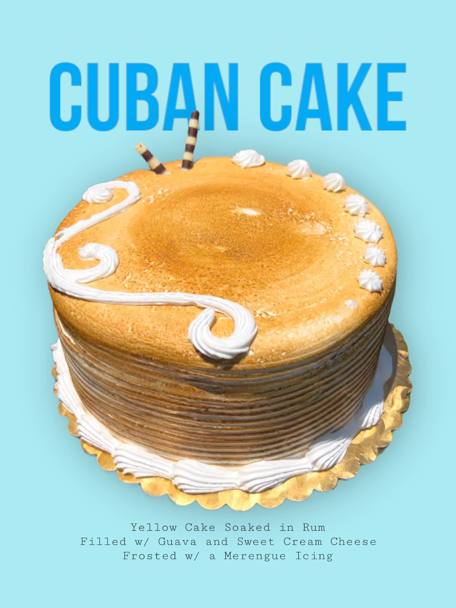 Cuban cake with rum, guava, and meringue icing