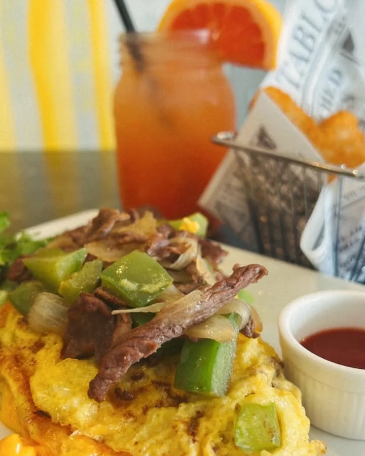 Savory Mexican steak omelette with peppers and onions