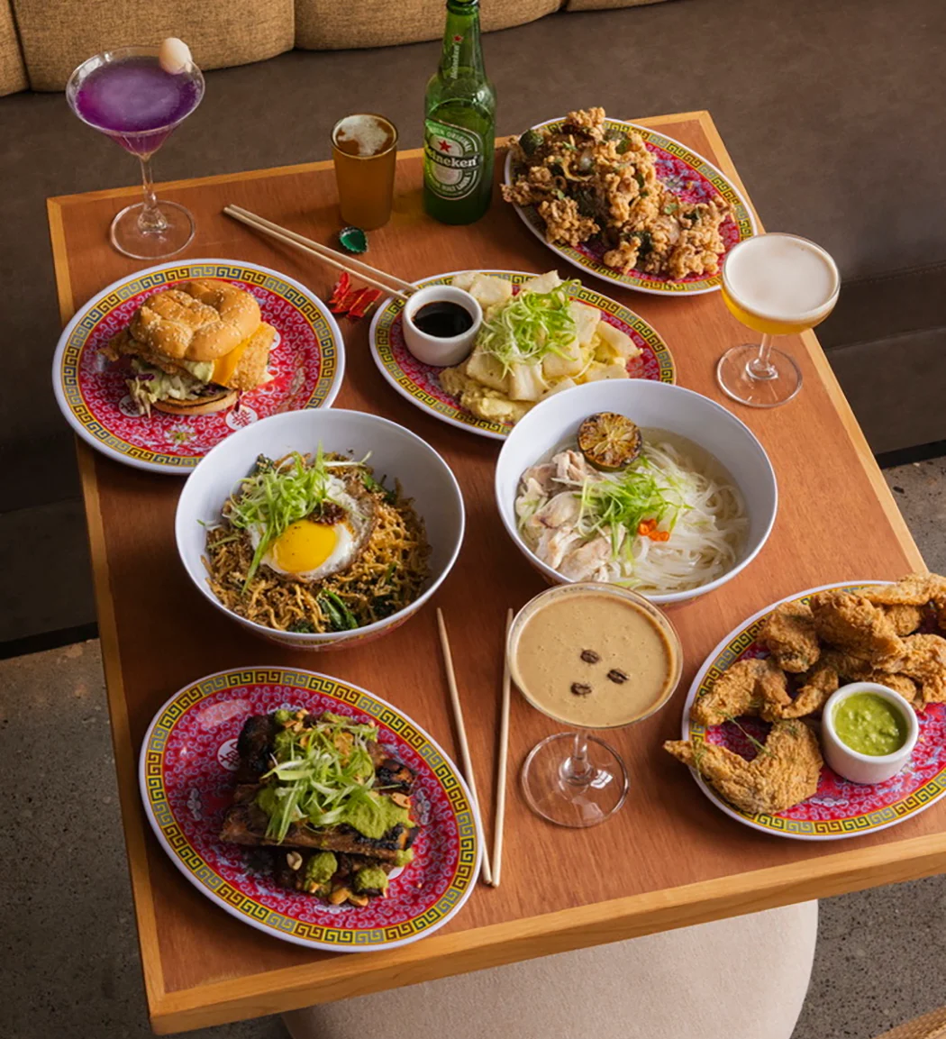 Assorted Asian dishes including fried chicken and noodles