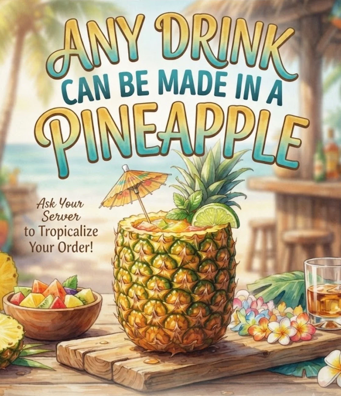 Tropical cocktail served in a pineapple with vibrant garnishes