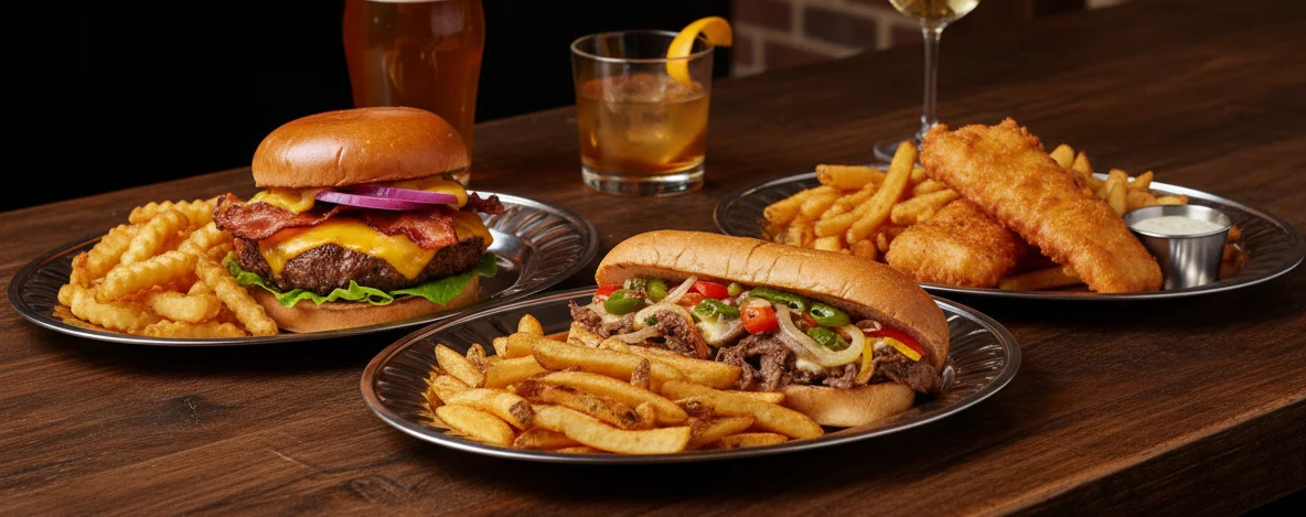 Cheeseburger, Fish & Chips, and Cheesesteak.