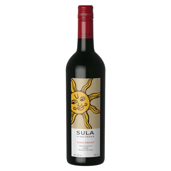 A bottle of Sula Shiraz wine with a dark label and elegant design.