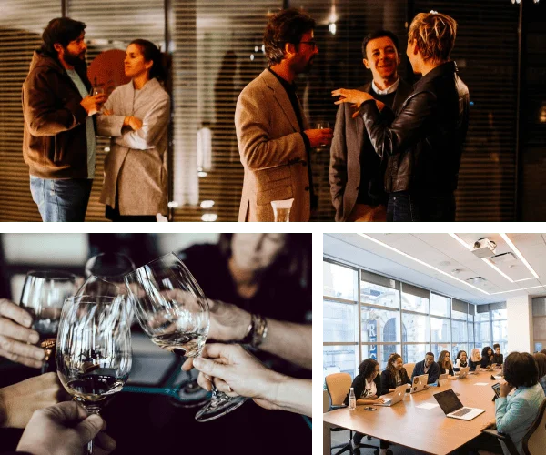 Networking event with people socializing and toasting drinks