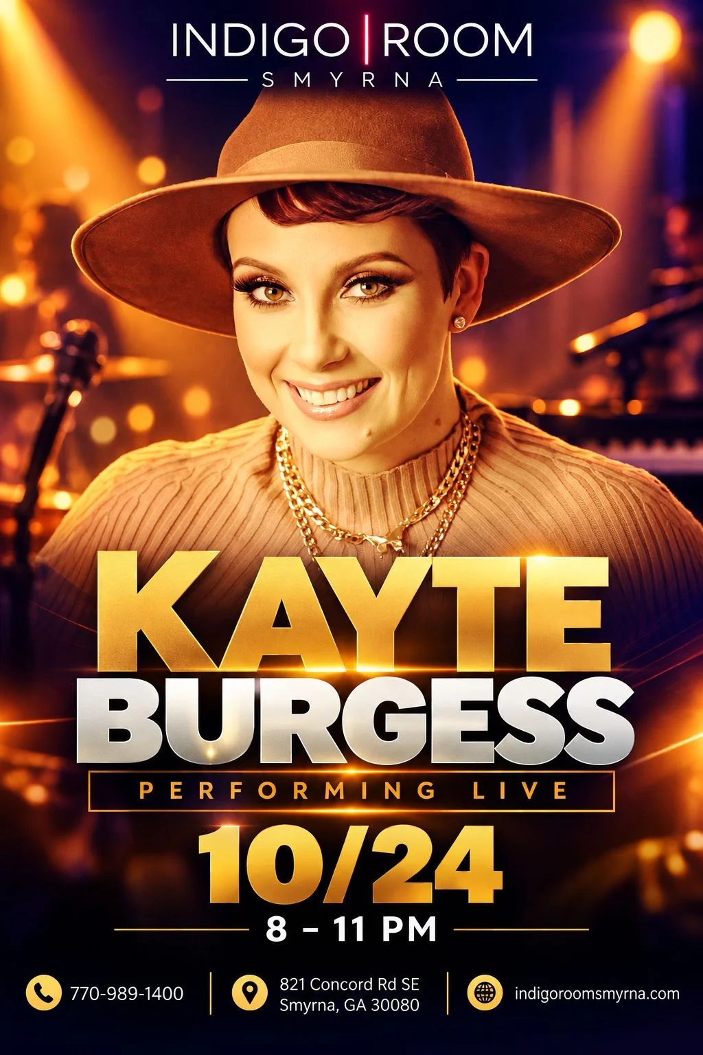 Restaurant live performance event poster with smiling woman in a wide-brim hat