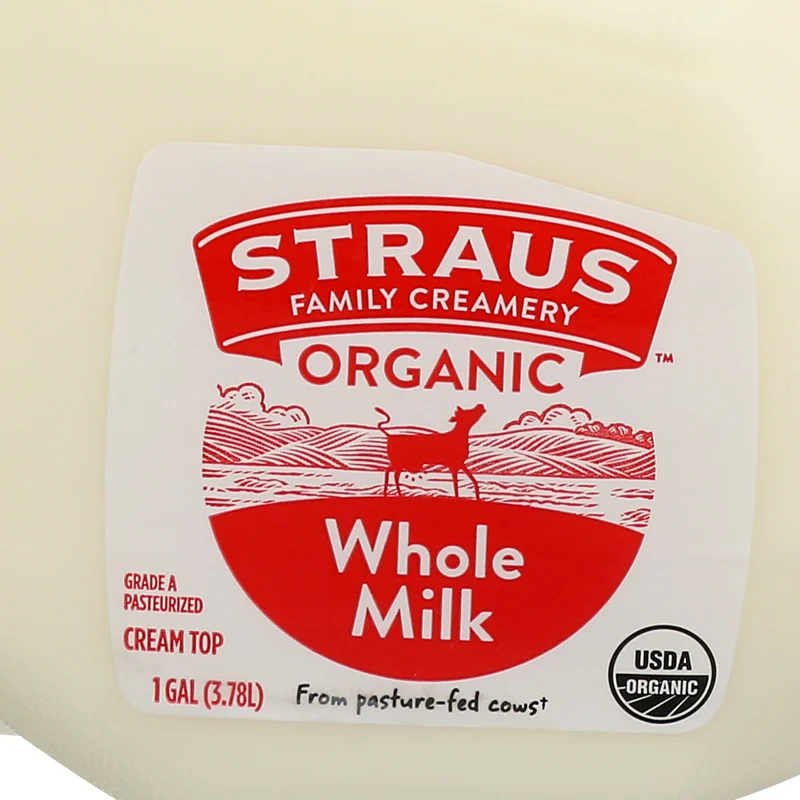 Organic whole milk in a gallon jug from Straus Family Creamery