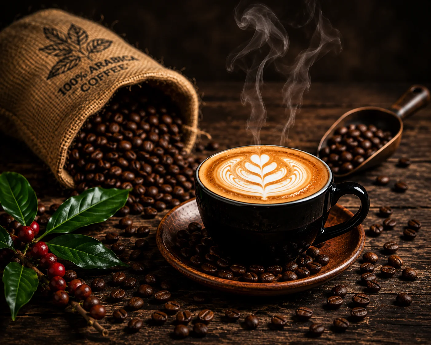 A beautifully crafted cup of coffee with latte art, surrounded by coffee beans and a burlap sack labeled 100% Arabica Coffee.