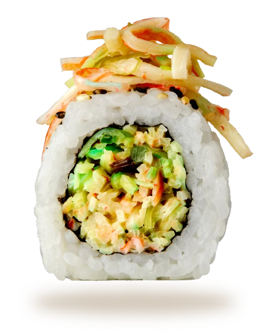 Colorful sushi roll with fresh vegetables and toppings