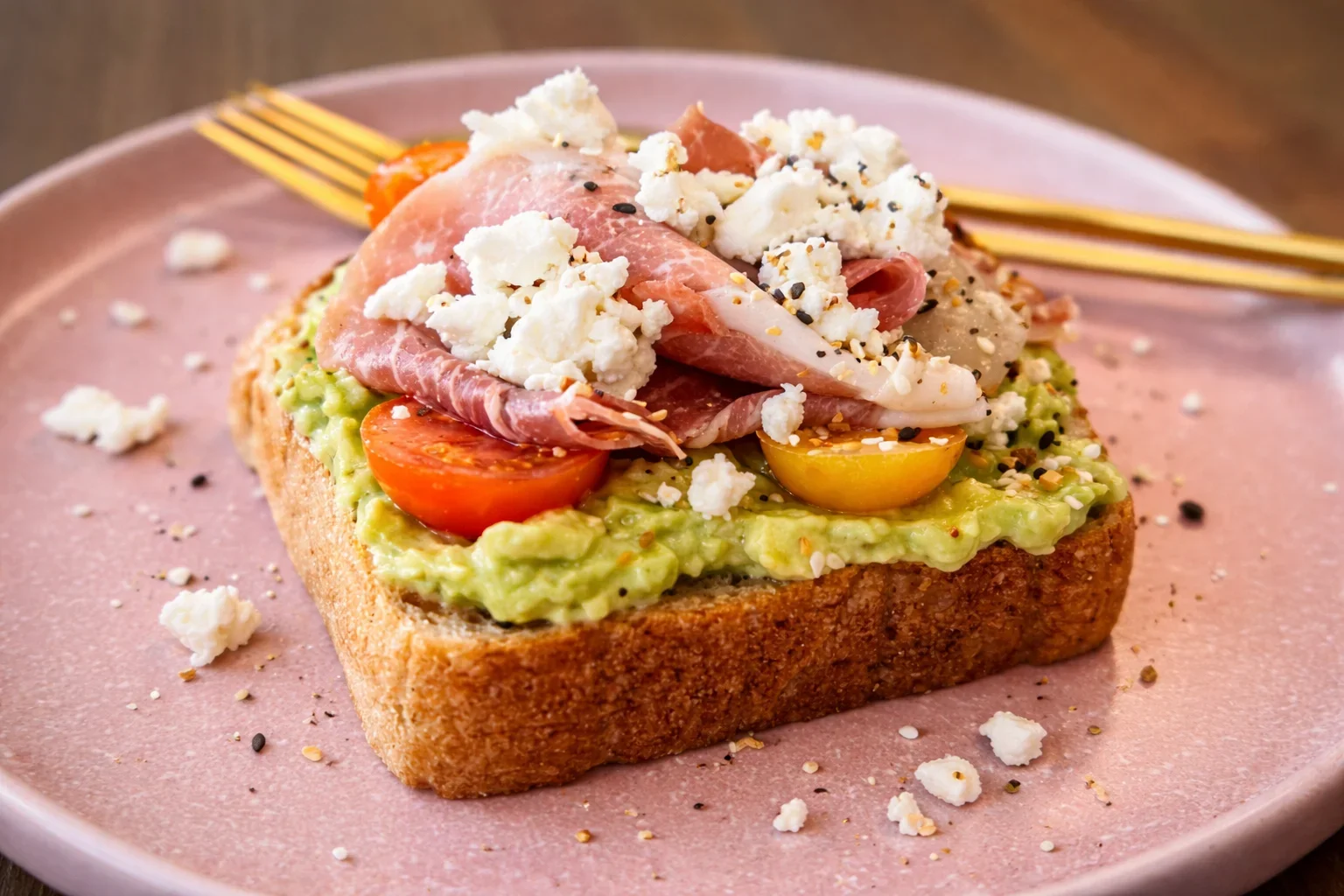 Avocado toast topped with prosciutto and cherry tomatoes