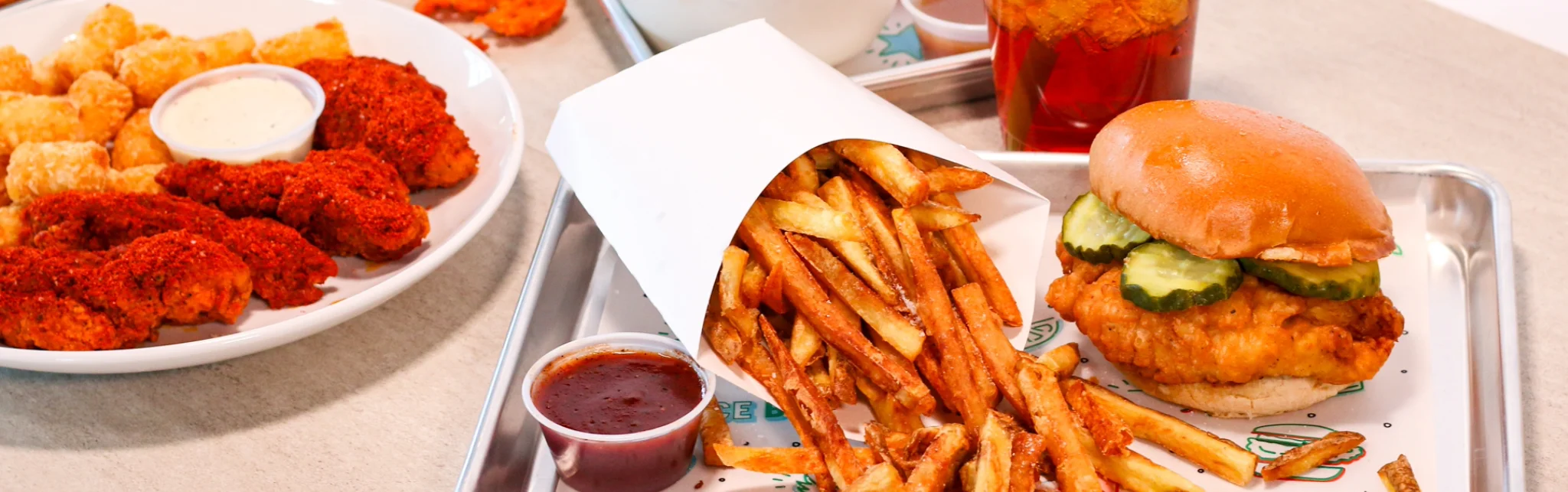 Southern fried chicken sandwich with fries