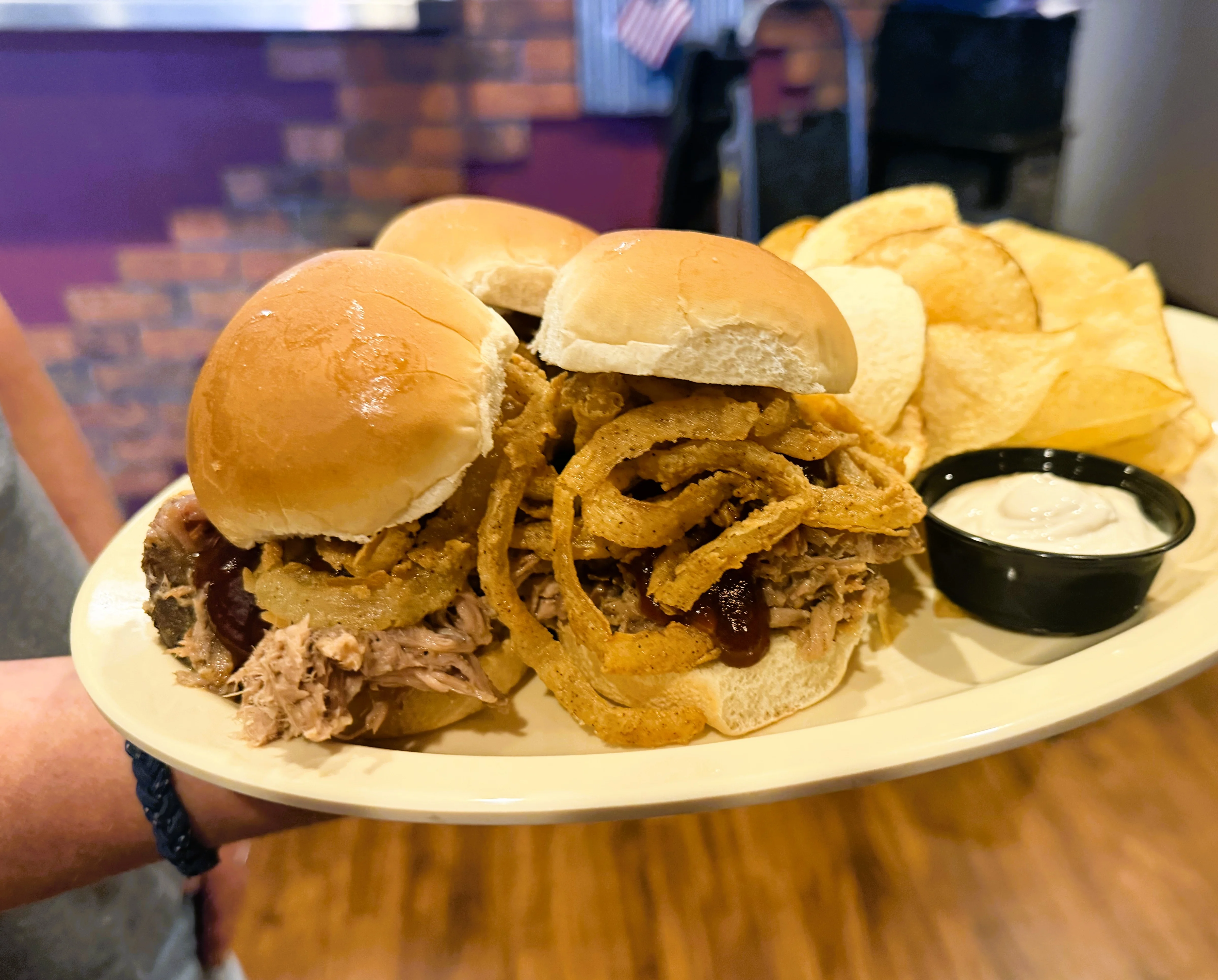Restoration Brew Worx BBW Pork Sliders with onion straws