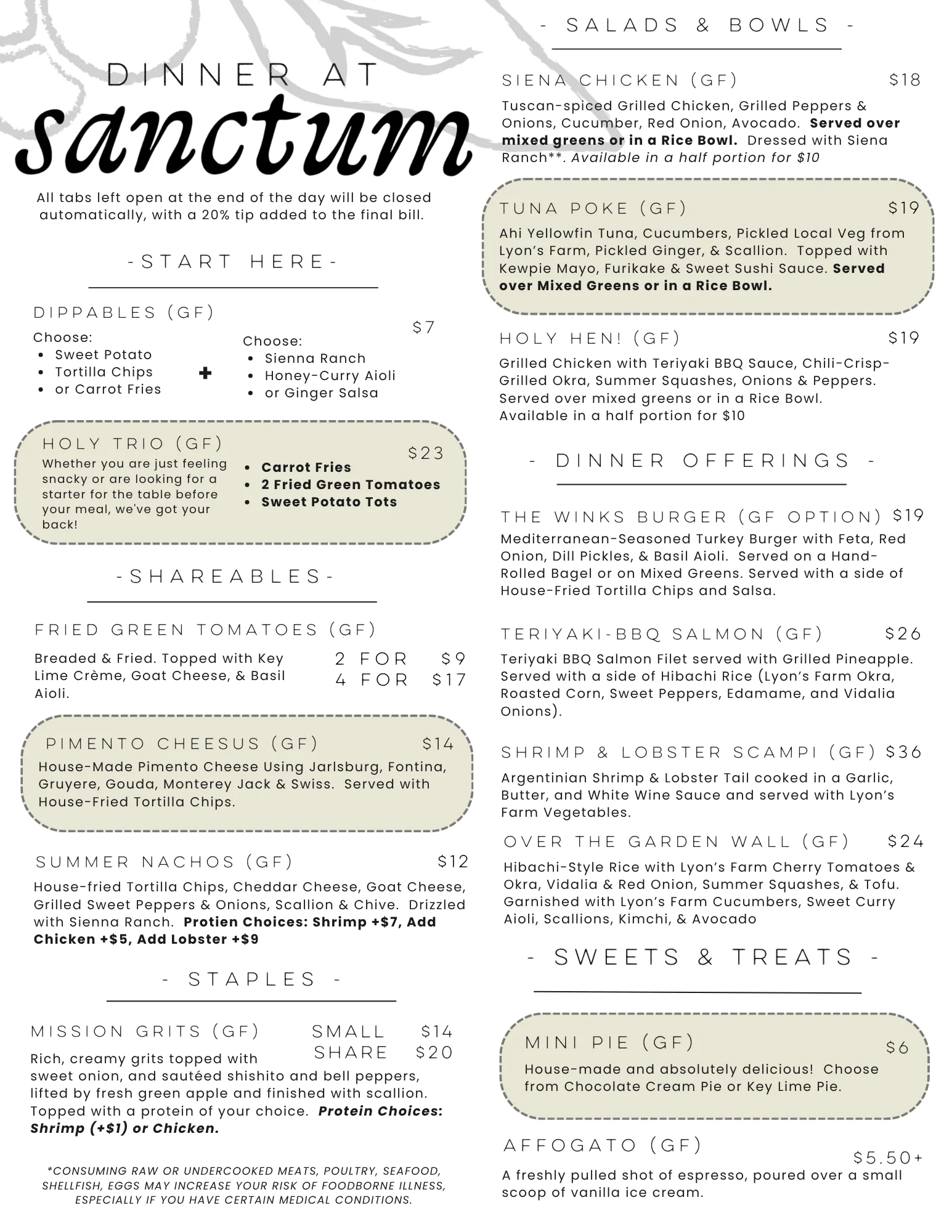 Dinner menu featuring diverse global dishes and flavors