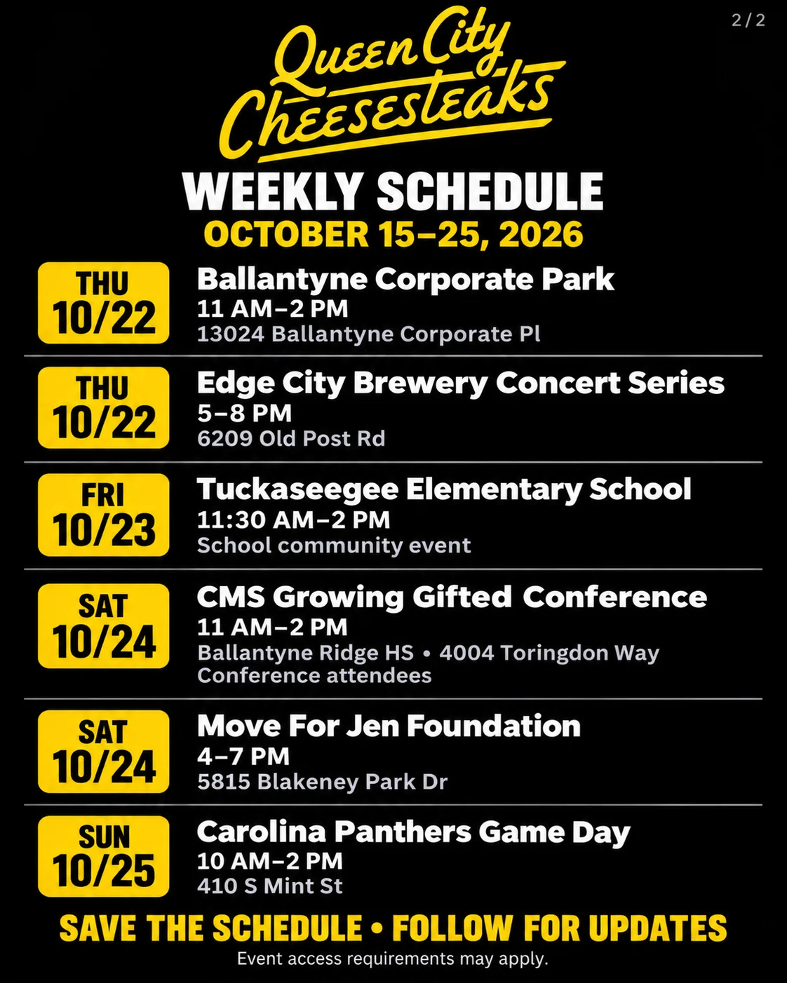 Restaurant food truck weekly schedule graphic with bold yellow and white typography