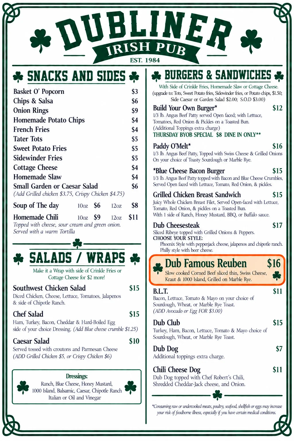 Irish pub menu featuring burgers, sandwiches, and salads