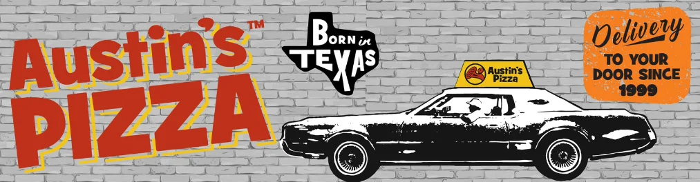 Austin's Pizza logo with vintage car and delivery sign