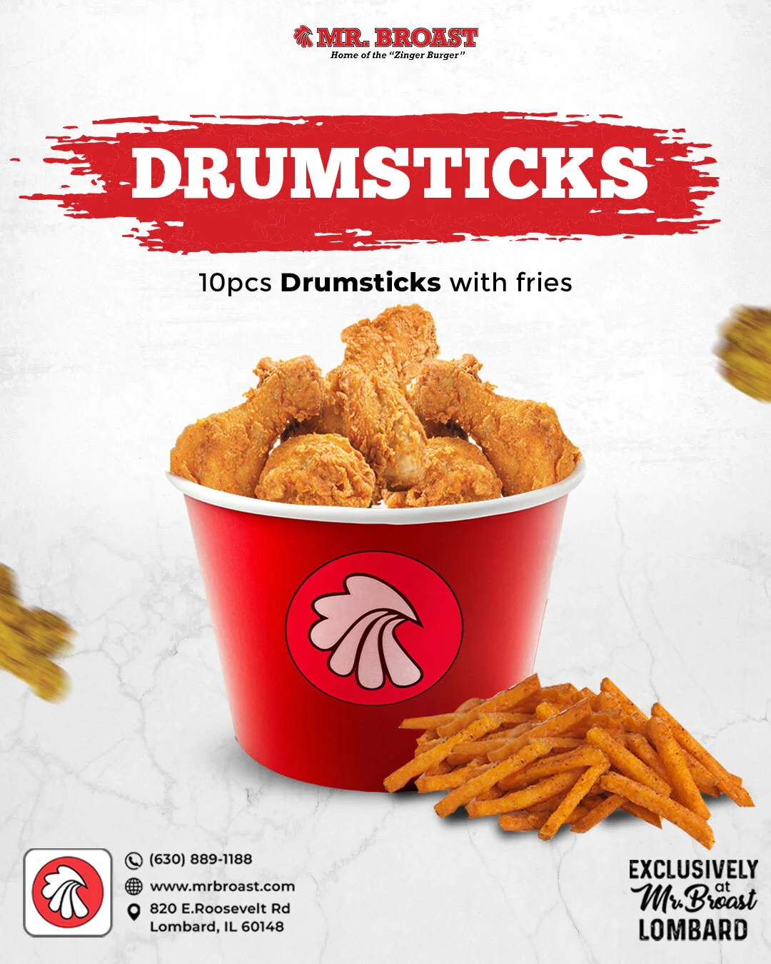 Ten delicious drumsticks arranged on a platter with a vibrant background.