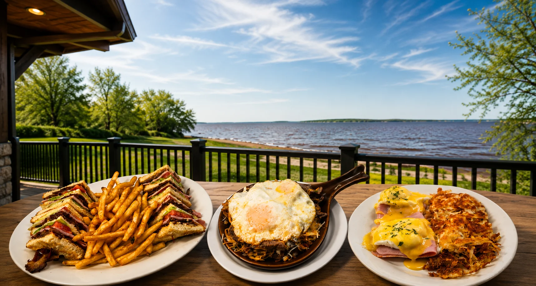 Hearty American breakfast platter with eggs and sandwiches