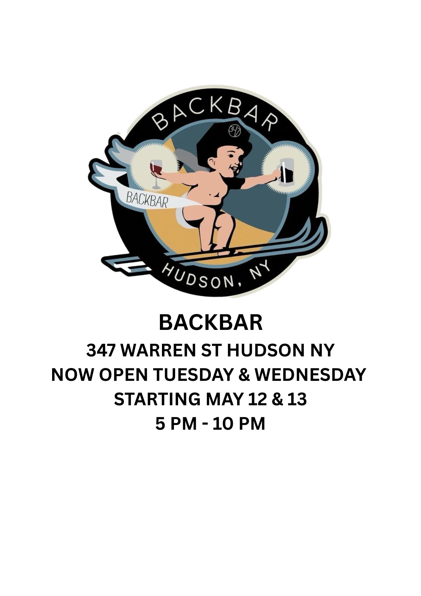Backbar restaurant announcement with logo and opening hours.