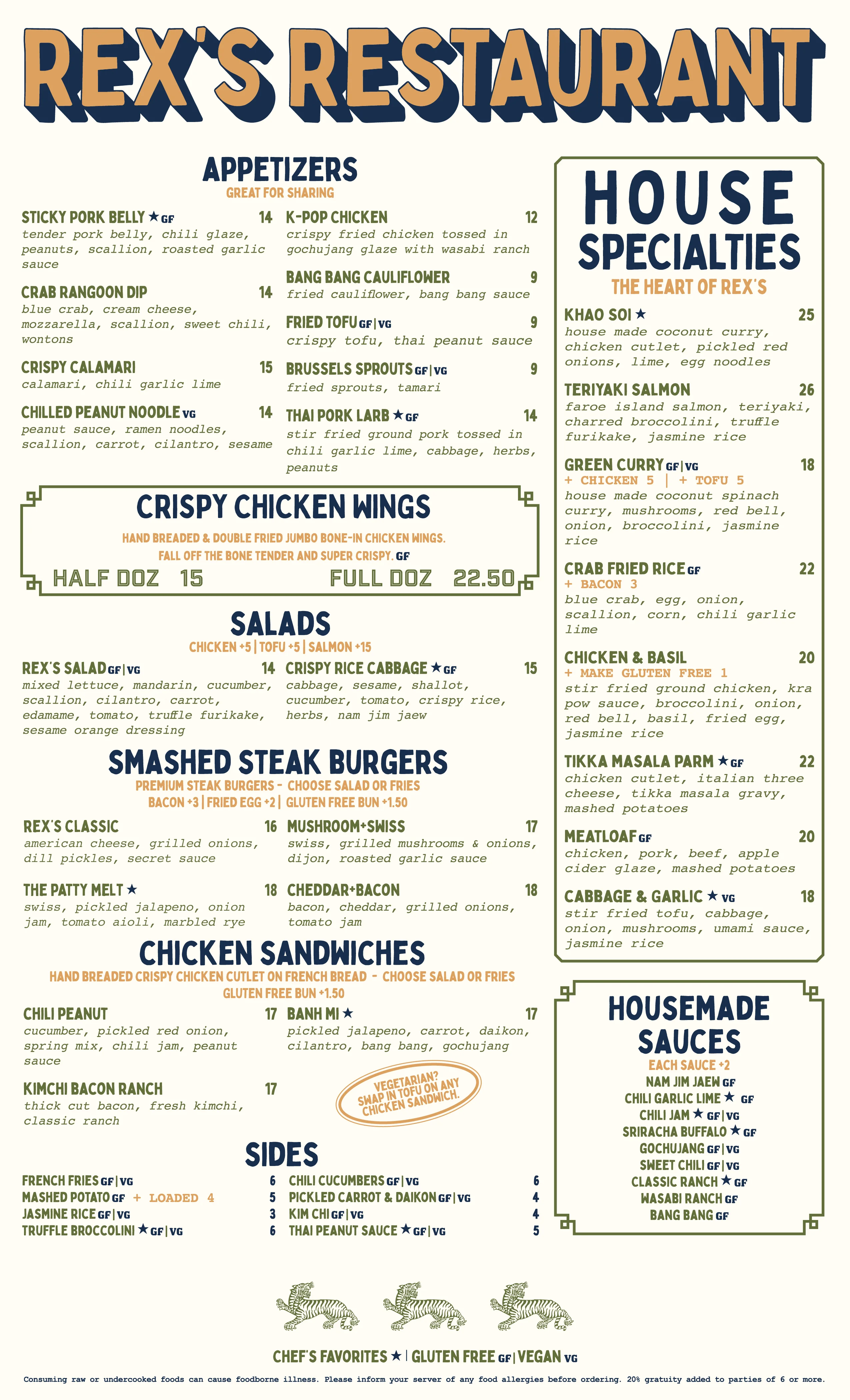 Menu of Rex's Restaurant featuring diverse Asian-inspired dishes
