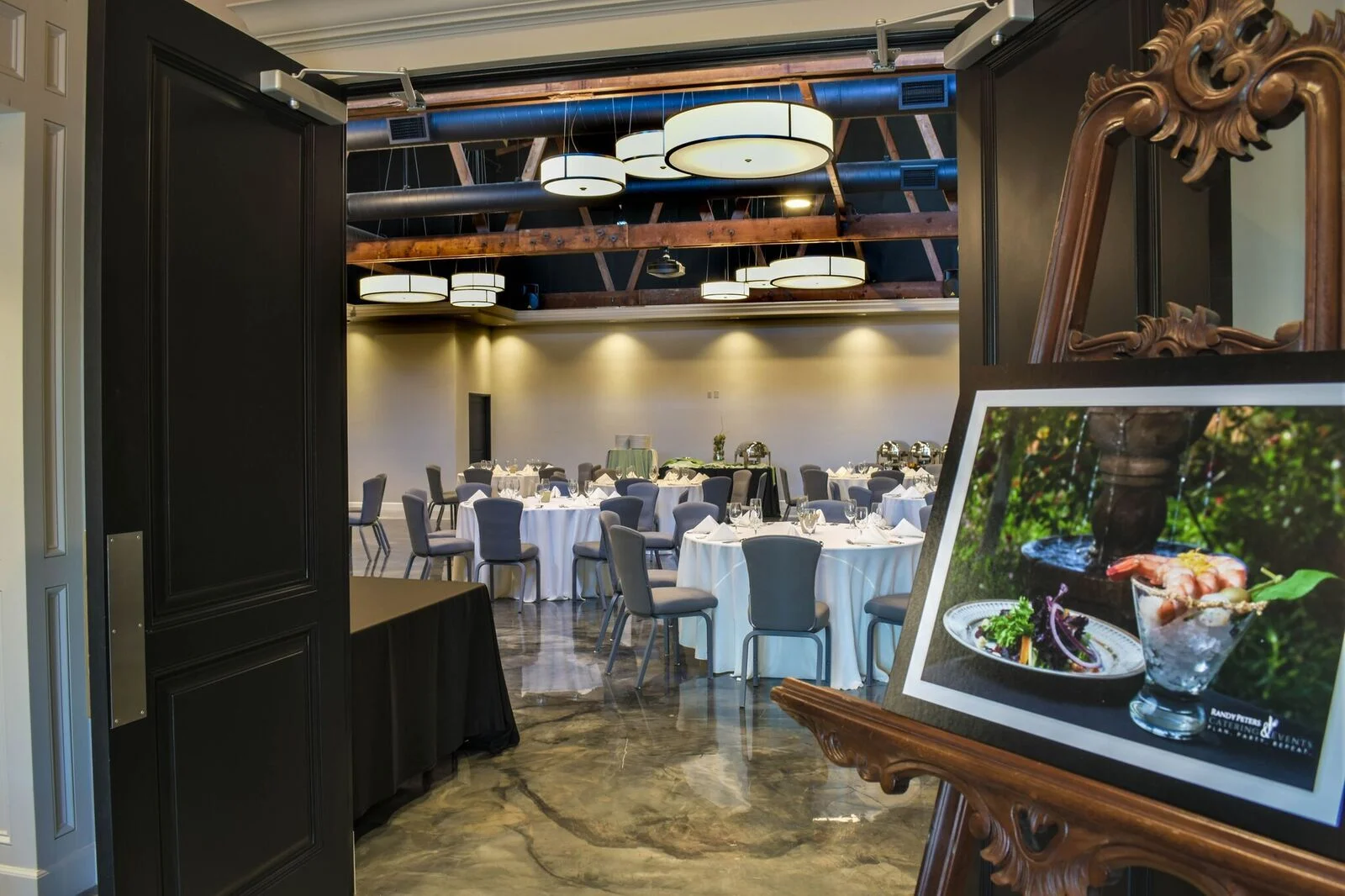 Elegant restaurant interior with round tables and modern decor