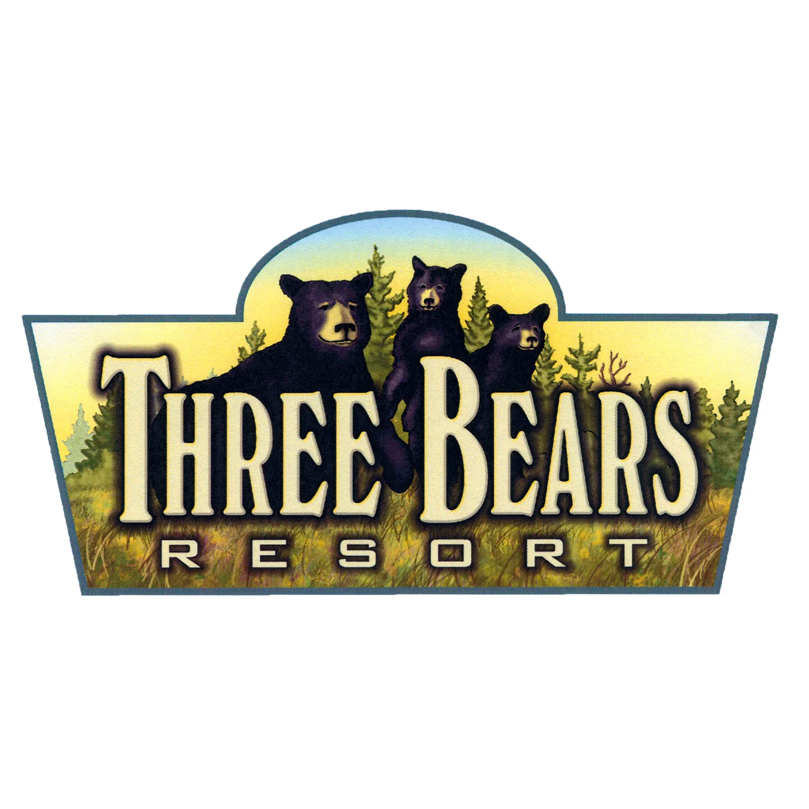 A logo featuring three bears in a natural setting, representing the Three Bears Resort. The design includes trees and a colorful backdrop.