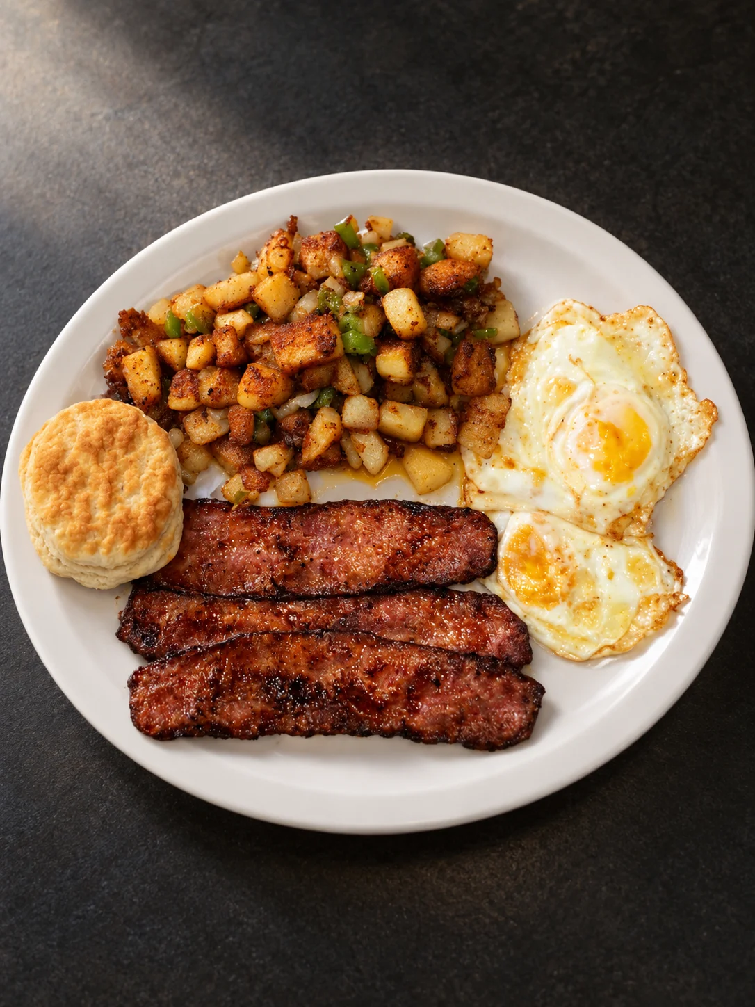 Southern American breakfast with sausage, eggs, hash browns, and biscuit