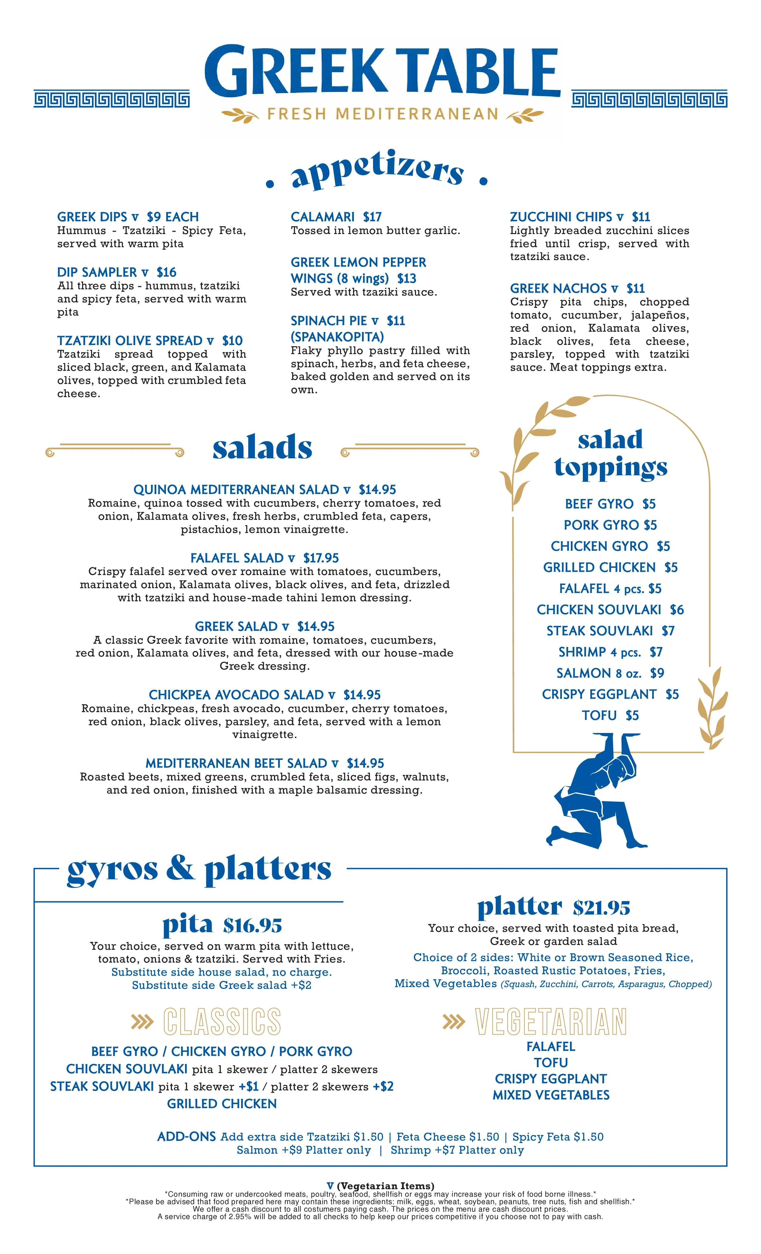 Mediterranean menu featuring Greek appetizers and salads