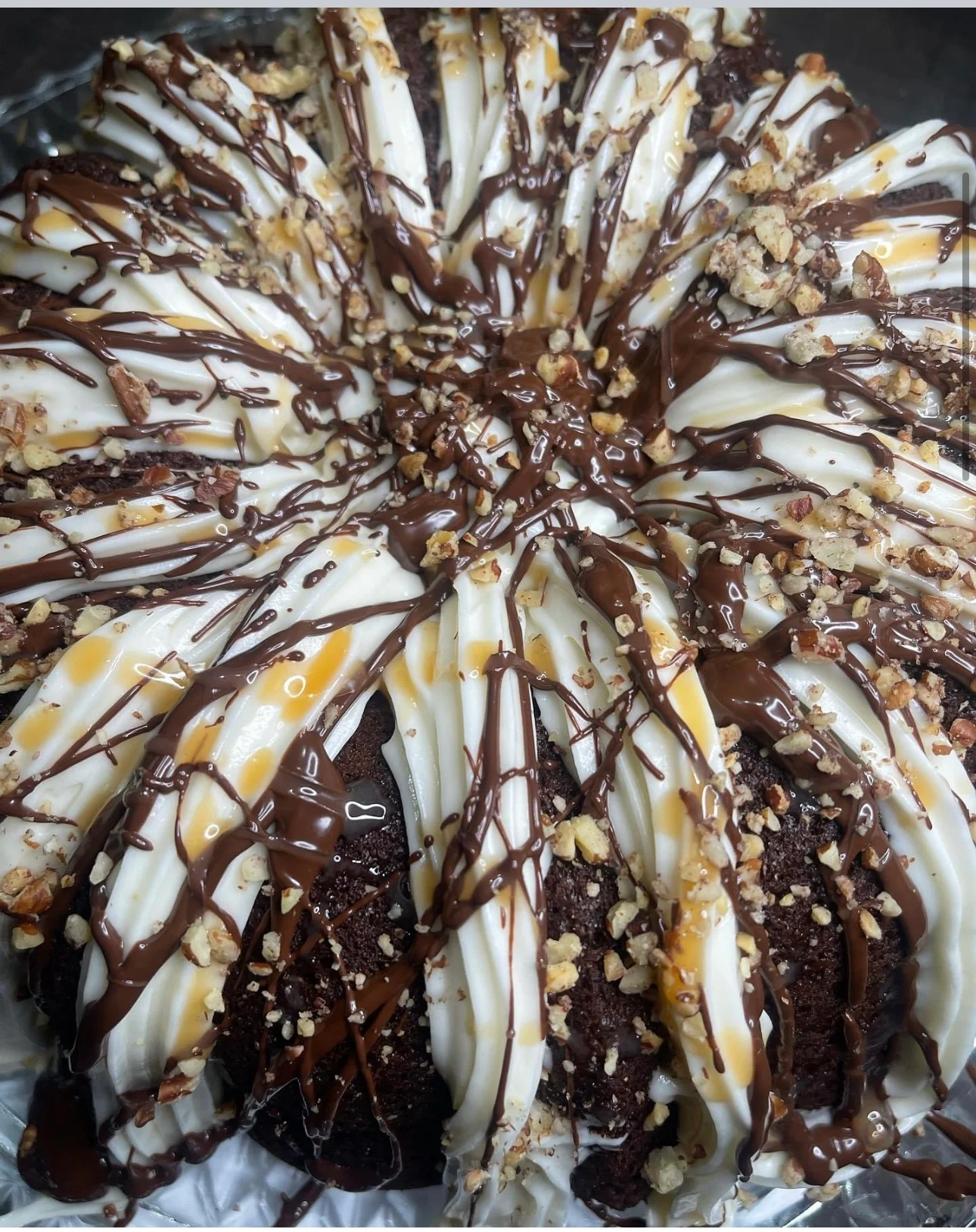 Decadent chocolate cake with caramel and nuts