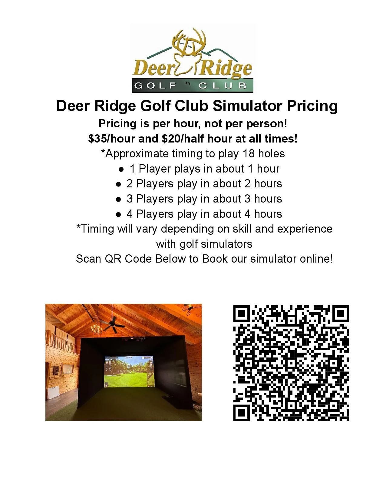 Golf simulator rental pricing details for a restaurant.