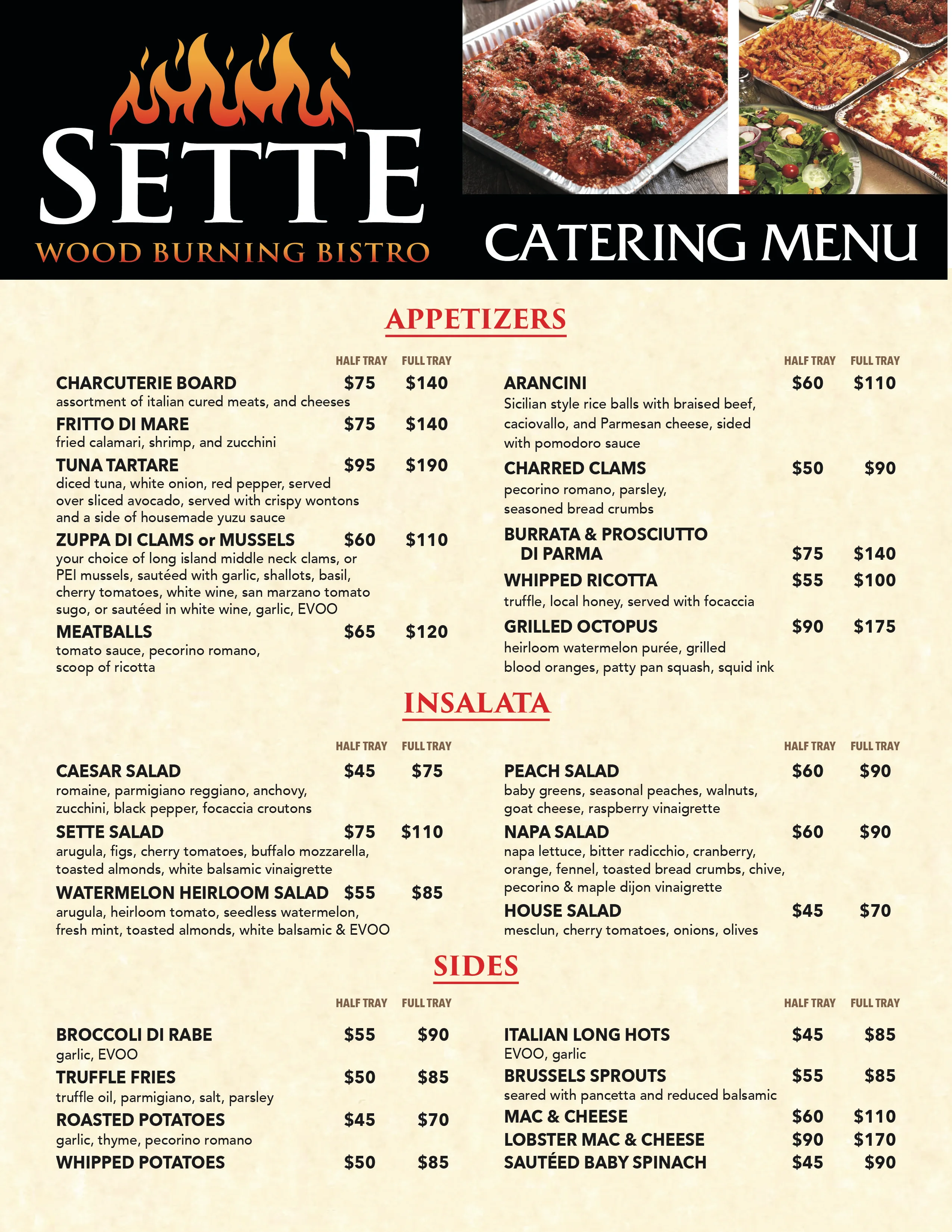 Catering menu for Italian wood-fired bistro with diverse appetizers and salads
