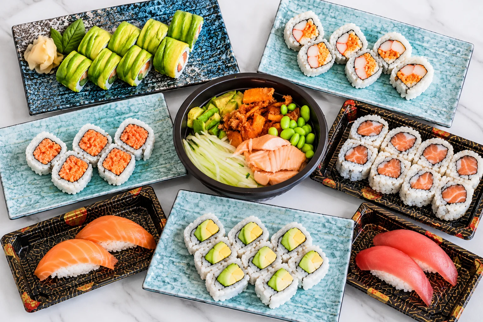 Assorted sushi platter featuring rolls and sashimi from Japanese cuisine
