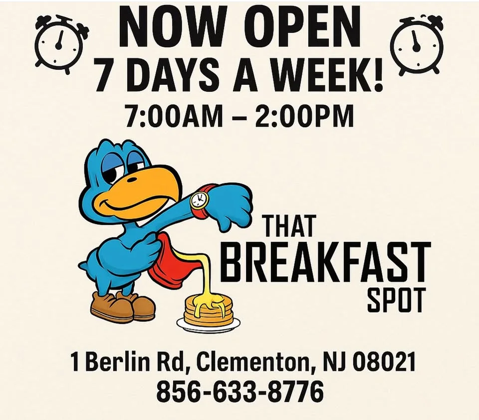 Colorful cartoon mascot promoting breakfast restaurant hours