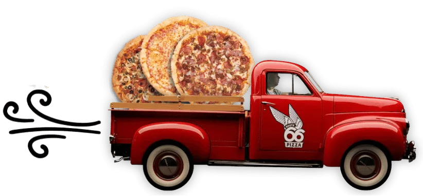 Classic red truck delivering pizzas