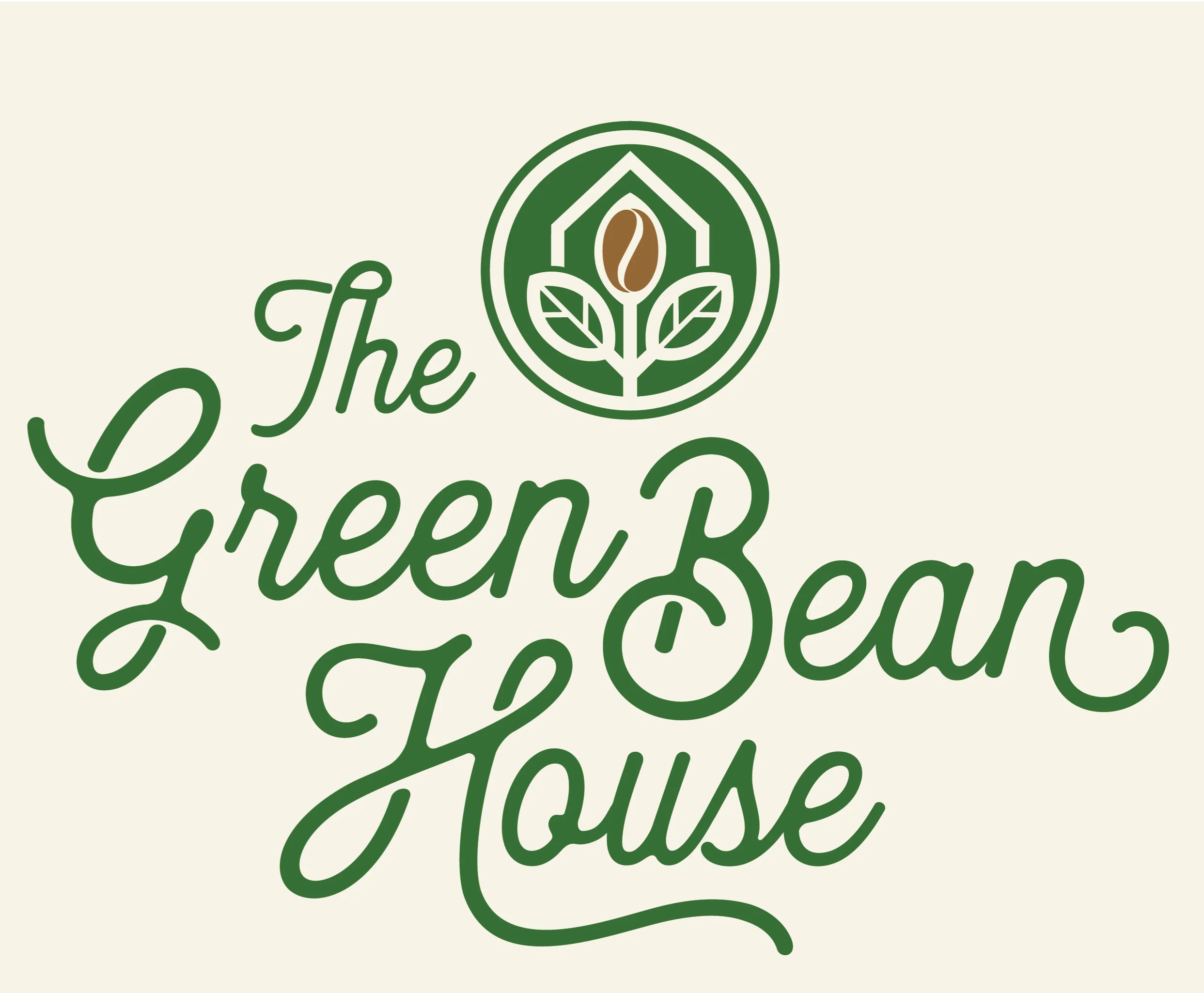 A logo featuring stylized text reading 'The Green Bean House' with a coffee bean and plant motif.