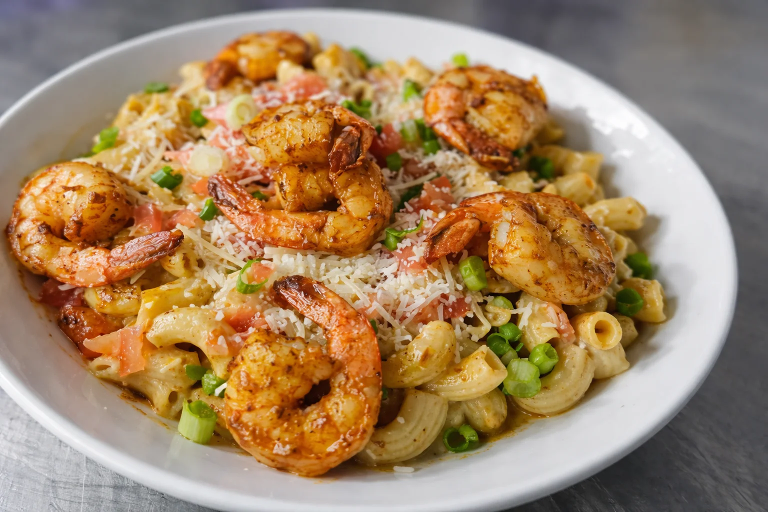 Shrimp macaroni and cheese with spices and green onions
