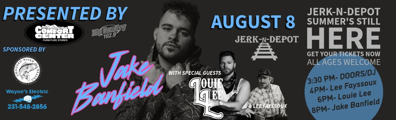 Event poster for Jake Banfield concert at Jerk-N-Depot on August 8.