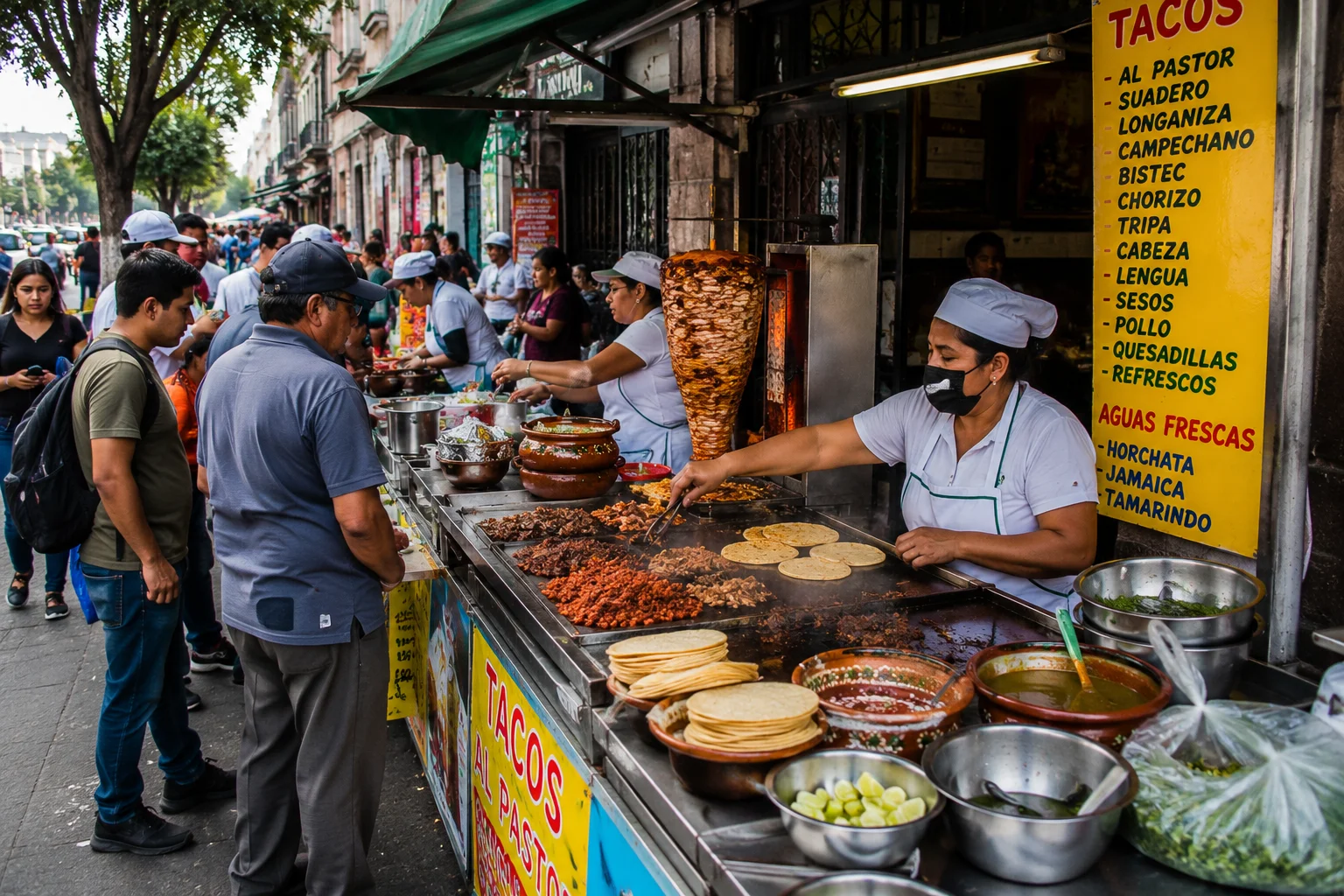 Authentic Mexican street tacos being prepared at a bustling food stall