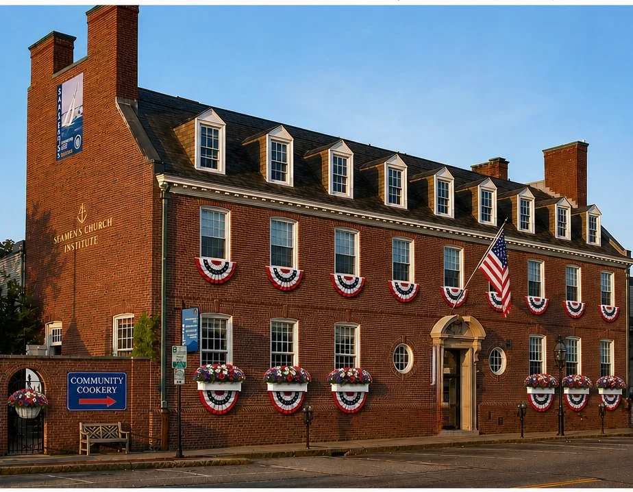 Seamen's Church Institute building decorated with red, white, and blue bunting.