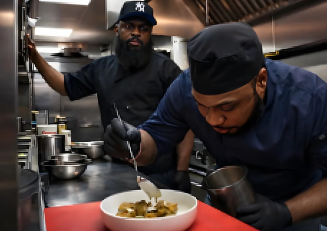 Caribbean fusion restaurant exterior with warmly lit dining room