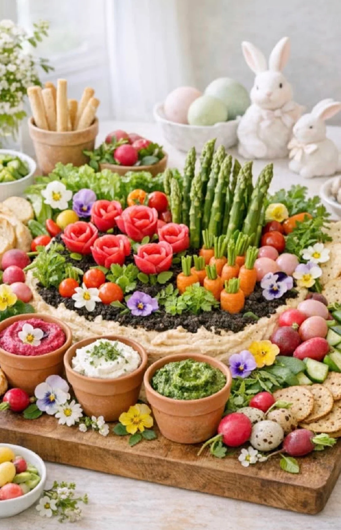 A beautifully arranged platter of vegetables and edible flowers designed like a garden, showcasing vibrant colors and fresh produce.