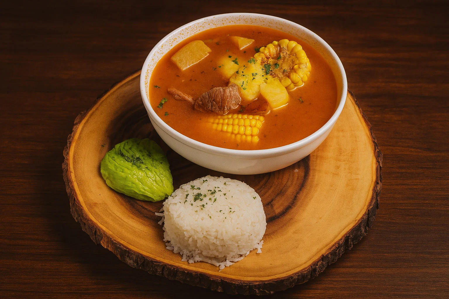 Traditional Peruvian seco de carne with rice and corn