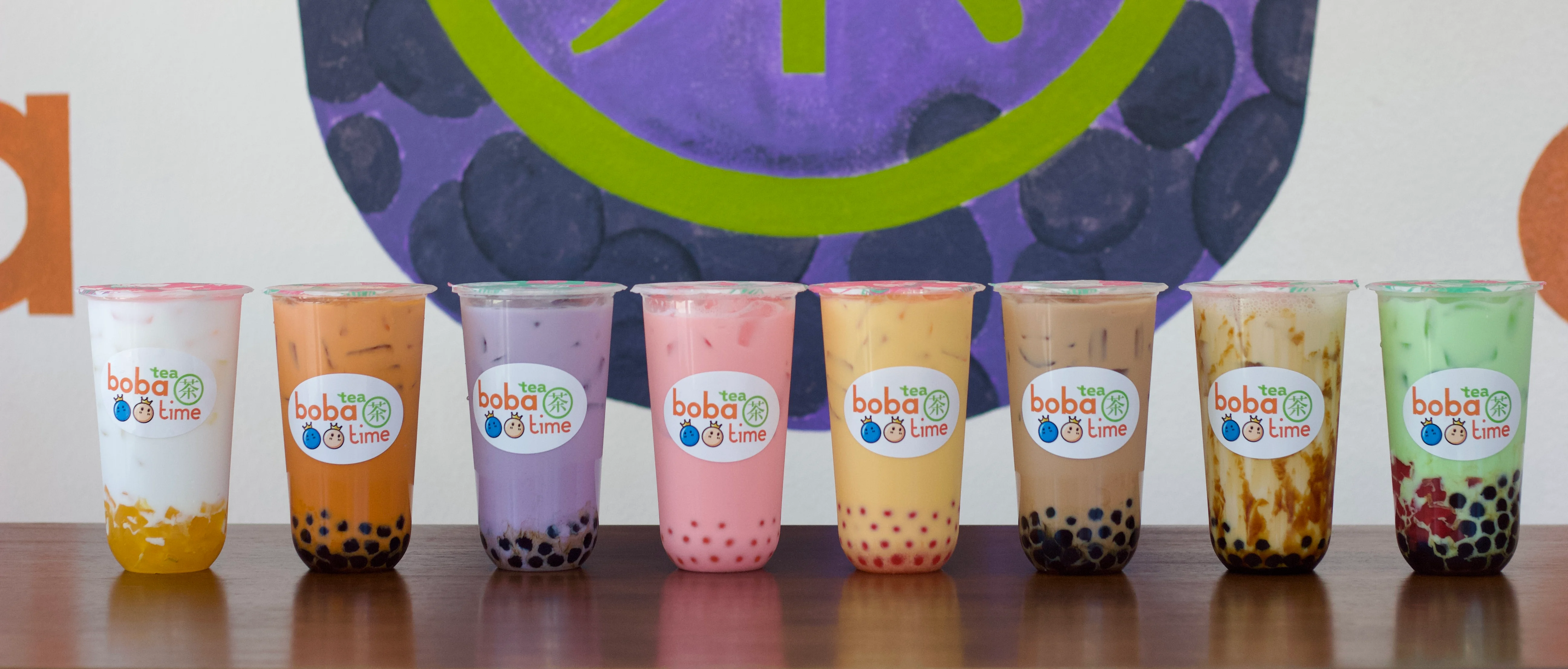 Variety of colorful bubble teas at a boba tea shop